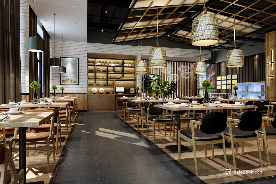 Modern Restaurant Interior Design With Wooden Tables And Chairs Hanging Lanterns And Plants 3d model 