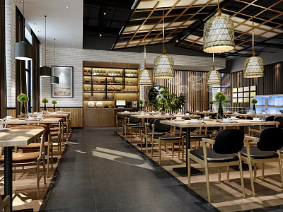 Modern Restaurant Interior Design With Wooden Tables And Chairs Hanging Lanterns And Plants 3d model