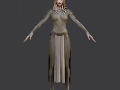 Female Fantasy Game Movie Character With Long Blonde Hair Tight Fitted Dress And Belted Waist 3d model