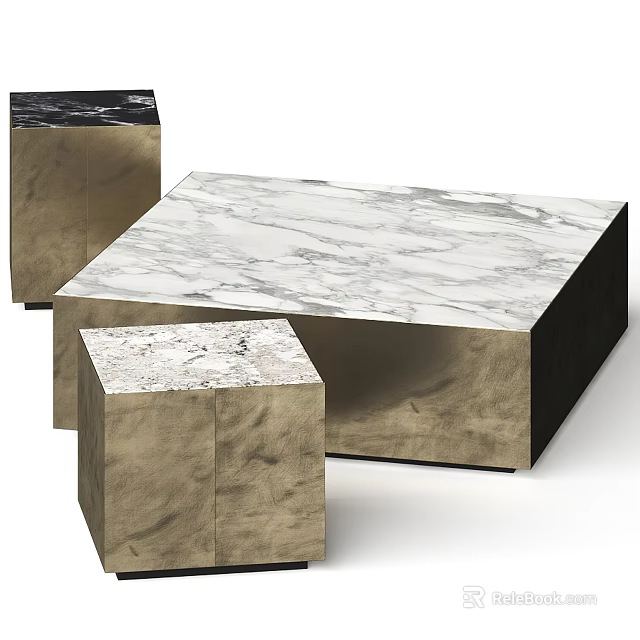 Modern Coffee Table Set With Marble Top And Metal Frame Design 3d model 