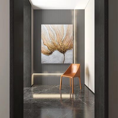 Modern Interior With Abstract Gold Silver Painting Orange Chair Striped Wall And Marble Floor 3d model