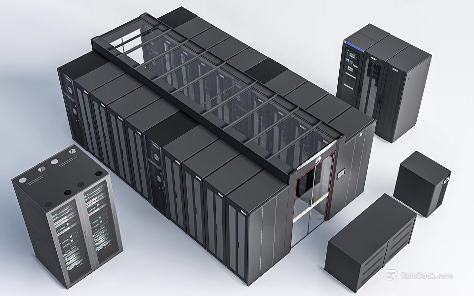 Commercial Data Center Server Racks With Modular Black Cabinets And Glass Door Structure 3d model 