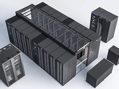 Commercial Data Center Server Racks With Modular Black Cabinets And Glass Door Structure 3d model