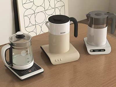 Three Modern Electric Kettles With Sleek Design On Wooden Table For Daily Use 3d model