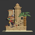 Cartoon Style Model Featuring Two Story Building Tower Staircase Palm Tree Tables Chairs And Curtains