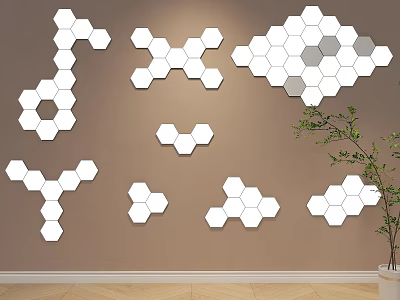 White Hexagonal Decorative Lights Arranged On Brown Wall With Green Plant 3d model