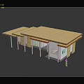 Cartoon Scene Modern Building With Wooden Roof Pillars White Walls Blue Windows And Small Figure