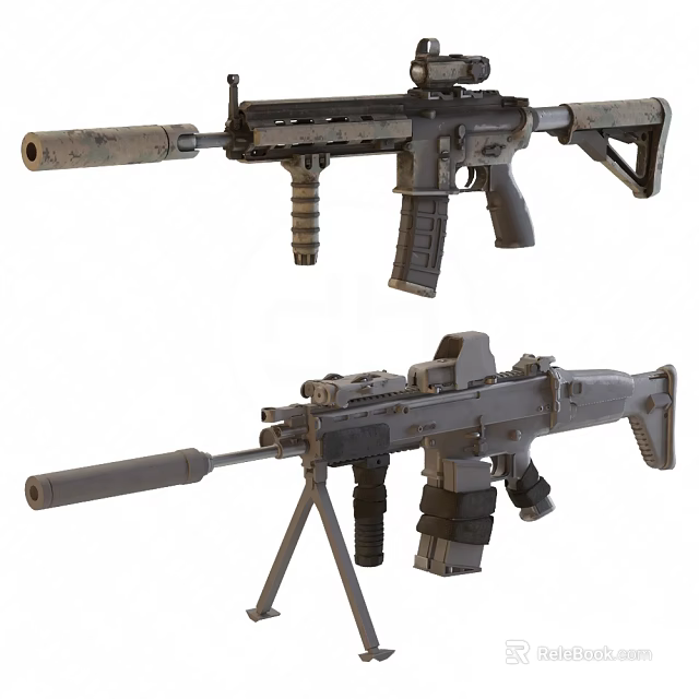 Camouflaged Tactical Rifle And Gray Military Machine Gun With Silencer Tripod And Accessories 3d model 