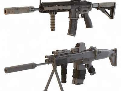 Camouflaged Tactical Rifle And Gray Military Machine Gun With Silencer Tripod And Accessories 3d model