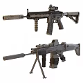 Camouflaged Tactical Rifle And Gray Military Machine Gun With Silencer Tripod And Accessories