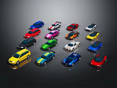 Multiple Colorful Model Cars In Various Colors Arranged On Dark Background 3d model