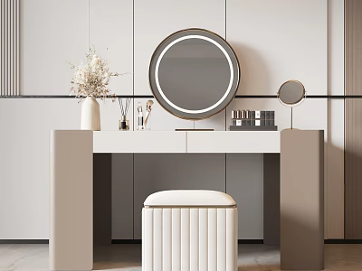Modern Elegant Dressing Table With Round Lit Mirror Flowers In Vase And Striped Stool 3d model