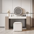 Modern Elegant Dressing Table With Round Lit Mirror Flowers In Vase And Striped Stool