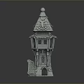 Medieval Stone Tower Architecture With Pointed Roof Windows And Decorative Door