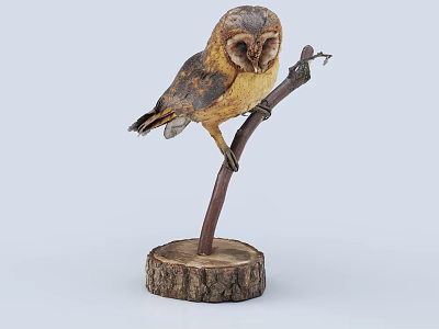 Artistic Handcrafted Owl Sculpture Perched On Branch With Wooden Stump Base 3d model