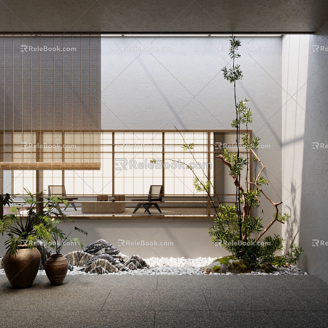 New Chinese-style Courtyard Landscape Dry Landscape Japanese-style Courtyard Courtyard Setches Indoor Landscape Landscaping Gravel Bamboo Curtain model