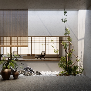 New Chinese-style Courtyard Landscape Dry Landscape Japanese-style Courtyard Setches Indoor Landscape Landscaping Gravel Bamboo Curtain 3d model