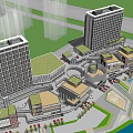 Modern High Rise Hotel Building Complex With Green Roof Plaza Water Feature And Pedestrian Walkways