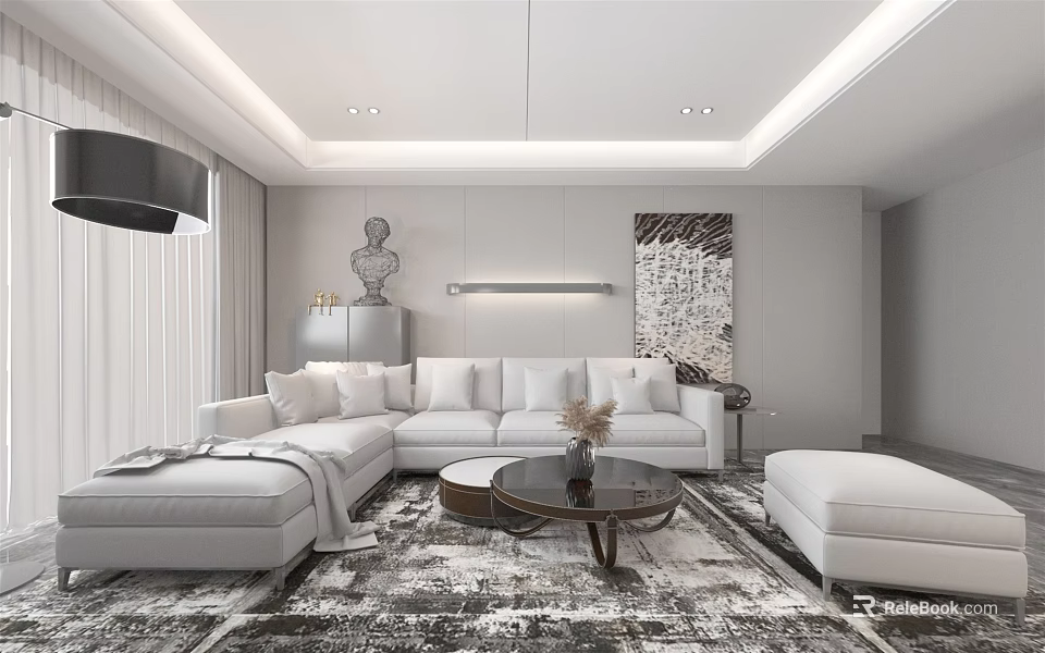 Modern Living Room Interior with White Sofa Coffee Table and Sculpture 3d model 