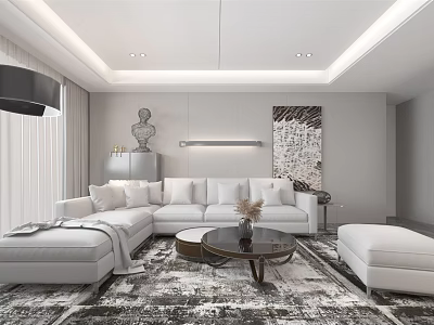 Modern Living Room Interior with White Sofa Coffee Table and Sculpture 3d model