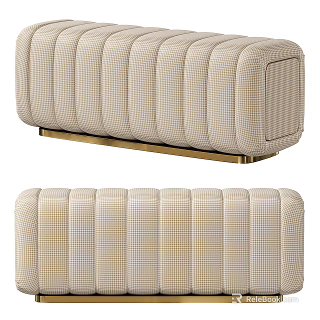 Elegant Modern Sofa Bench With Beige Fabric Vertical Tufted Design And Gold Metal Legs 3d model 