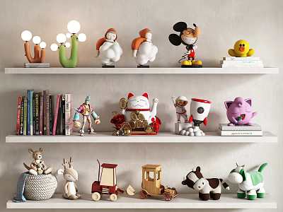 Decorative Ornaments Collection With Mickey Mouse Figure Yellow Duck Lucky Cat And Books On Shelves 3d model