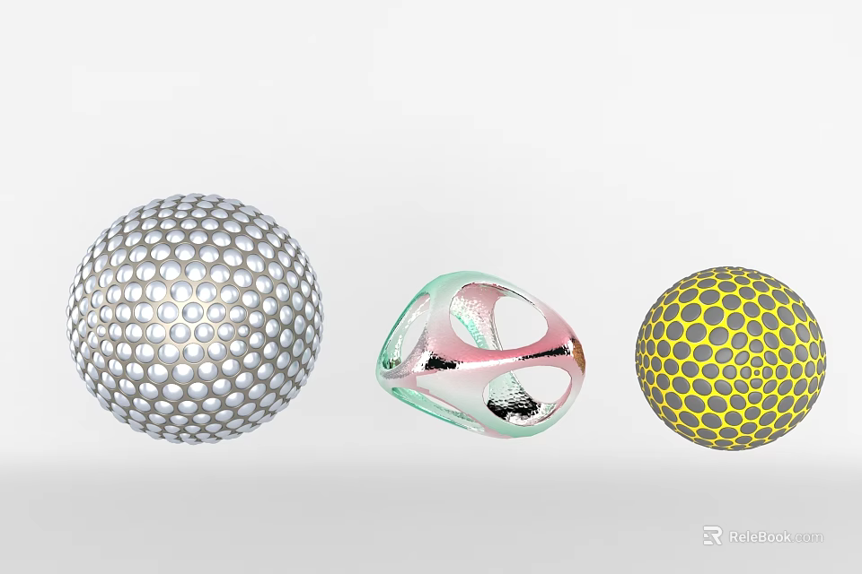 Decorative Ornament Set With Silver Dot Sphere Pink Ring Ornament And Yellow Hexagonal Sphere 3d model 