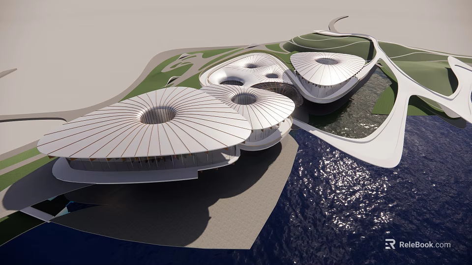 Modern Architectural Building With Unique Dome Structures On Waterfront Coastal Area 3d model