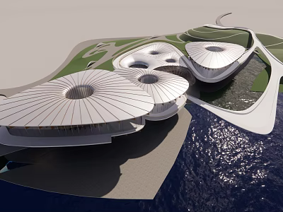 Modern Architectural Building With Unique Dome Structures On Waterfront Coastal Area 3d model
