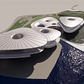 Modern Architectural Building With Unique Dome Structures On Waterfront Coastal Area 3d model