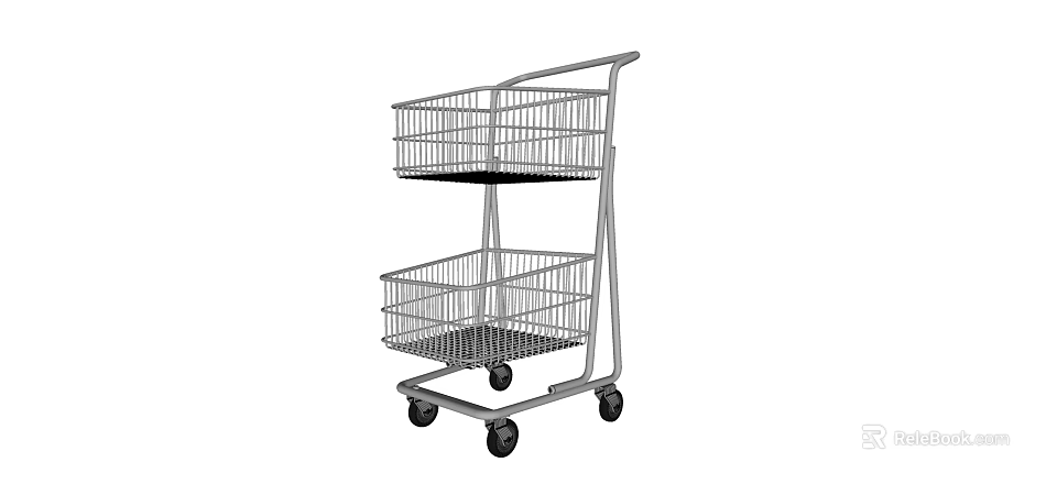 Public Shopping Cart With Double Layer Wire Baskets And Rolling Wheels For Shopping 3d model 