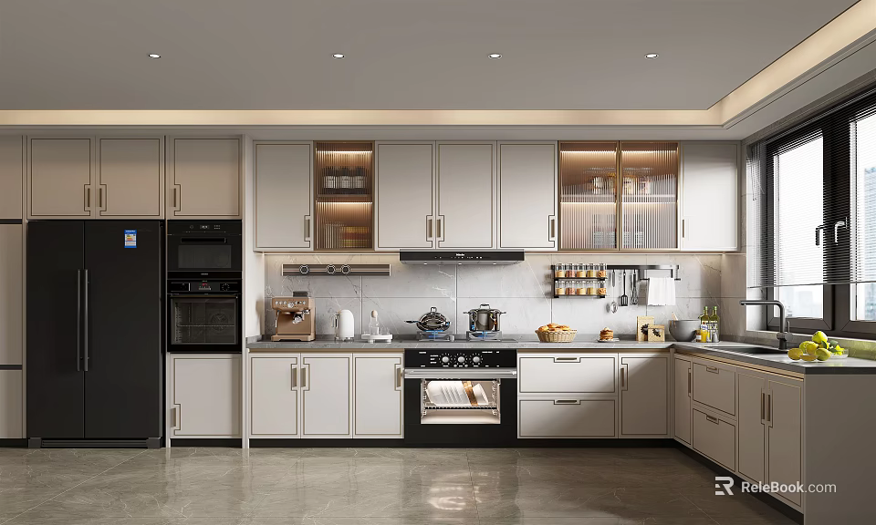 Modern Kitchen Interior Design With White Cabinets Black Appliances And Countertop 3d model 