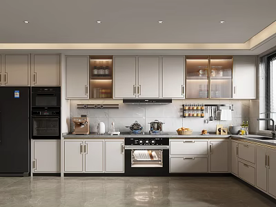 Modern Kitchen Interior Design With White Cabinets Black Appliances And Countertop 3d model