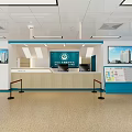 Hospital Waiting Room With Blue Chairs Colorful Floor Stripes White Walls And Info Signs