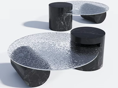 Modern Textured Glass Coffee Table with Black Marble Base and Round Design 3d model