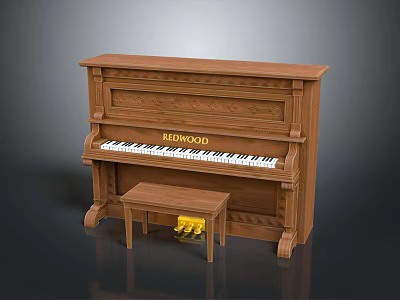 Classic Wooden Piano with Art Supplies on Matching Stool for Creative Music and Painting 3d model