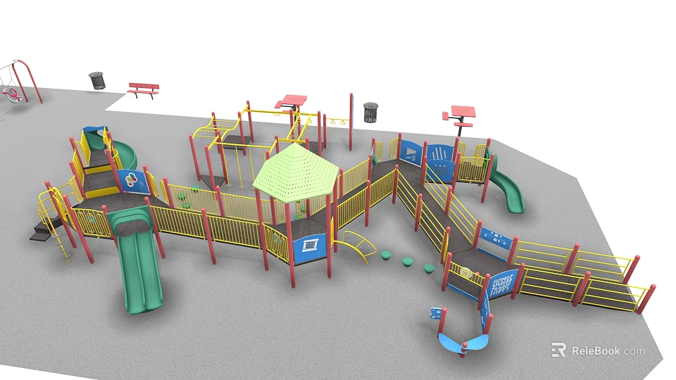 Colorful Outdoor Playground Equipment With Slides Climbing Frames Safety Fencing And Canopy 3d model 