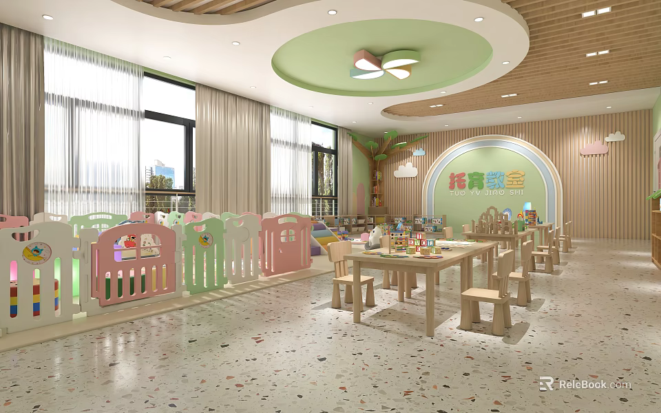 Kindergarten Classroom with Colorful Fences Wooden Tables Chairs Green Ceiling and Large Windows 3d model 