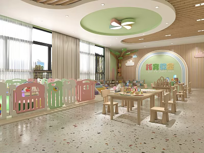 Kindergarten Classroom with Colorful Fences Wooden Tables Chairs Green Ceiling and Large Windows 3d model