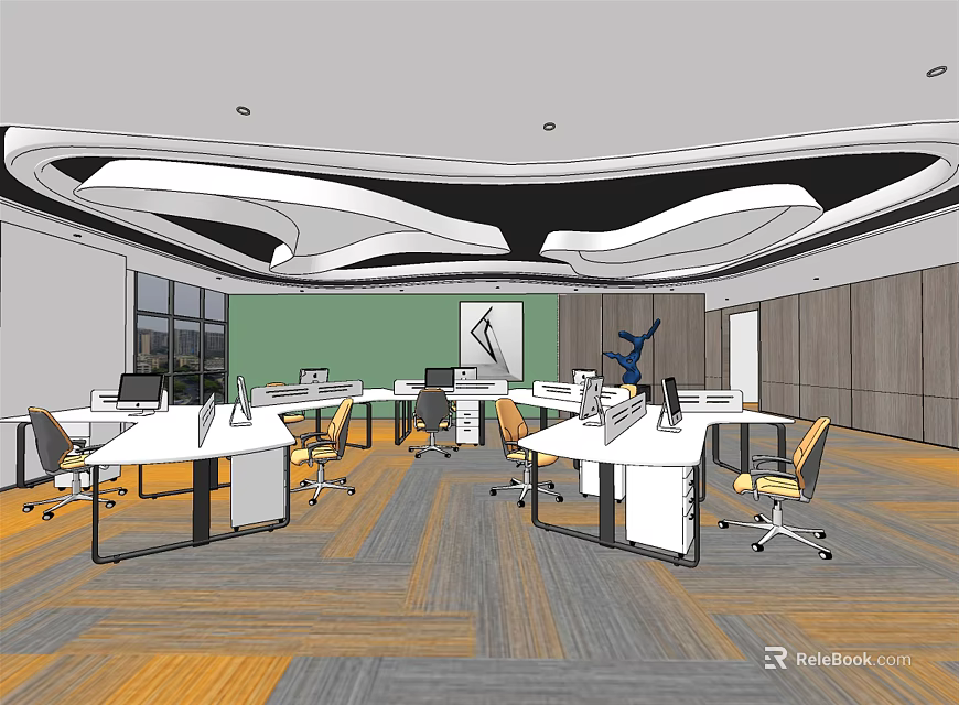 Modern Public Office Space With White Desks Yellow Chairs And Green Accent Wall 3d model 