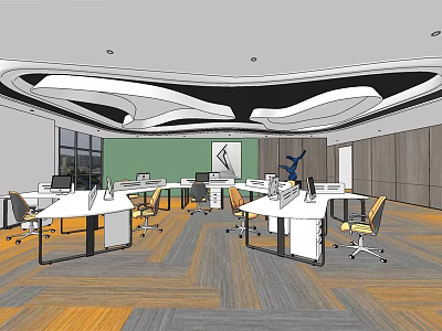Modern Public Office Space With White Desks Yellow Chairs And Green Accent Wall 3d model