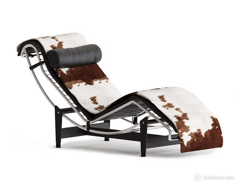 Modern Lounge Chair With White And Brown Cowhide And Black Metal Frame 3d model 
