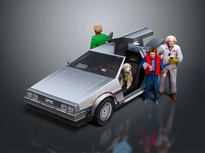Back to the Future Movie Characters With DeLorean Time Machine And Einstein Dog Standing Beside 3d model