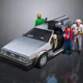 Back to the Future Movie Characters With DeLorean Time Machine And Einstein Dog Standing Beside