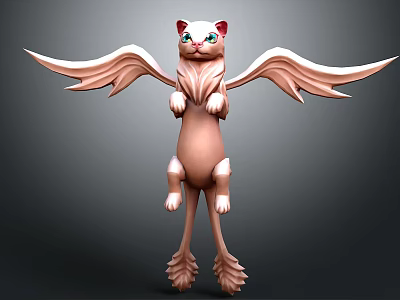 Game Fantasy Cat Character with Wings Pink Body White Ears Green Eyes Standing Pose 3d model