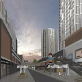 Bustling Commercial Street with Pedestrians Storefronts Tall Modern Buildings and Outdoor Seating