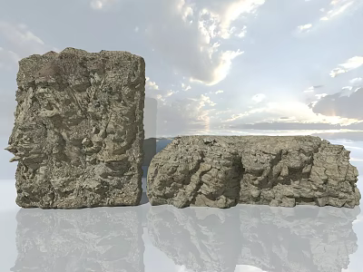 Natural Stone and Wood Blocks Exhibiting Rough Texture Against Sky Cloud Background 3d model