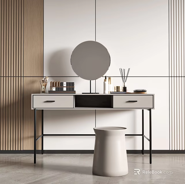 Modern Dressing Table Featuring Round Mirror Cosmetics Aromatherapy Diffusers and Stool 3d model