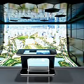 Modern Control Room With Interactive Console And Large Cityscape Display Screen 3d model