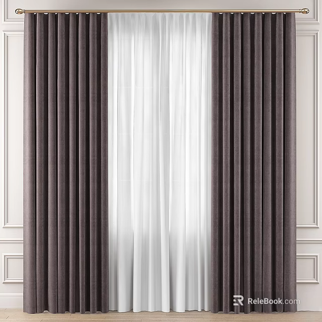 White Sheer and Dark Brown Thick Layered Curtains for Living Room Window Decor 3d model 